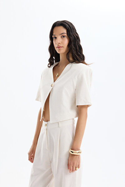 Quzu Λινό μπουφάν με ένα κουμπί κοντομάνικο φυσικό