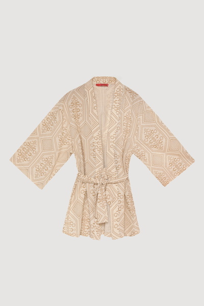 Quzu كيمونو قصير مزين بنمط عرقي طبيعي