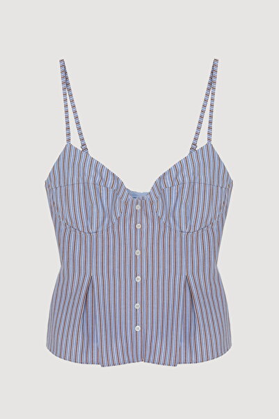 Quzu Striped Pleat Detailed Thin Strap Blouse Blue