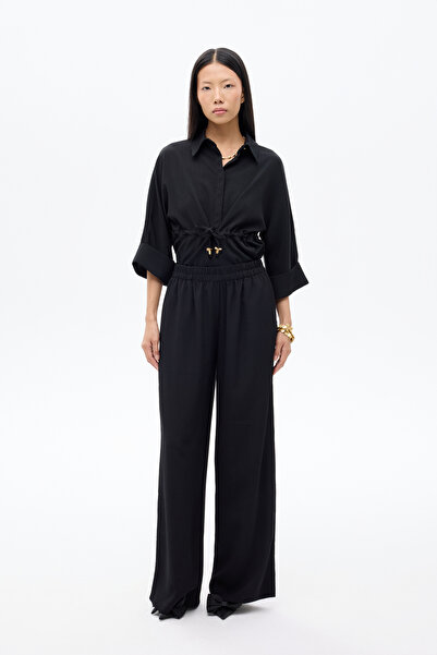 Quzu Beli Lastikli Bol Paça Yüksek Bel Pantolon Siyah