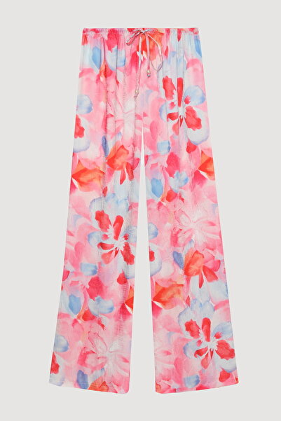 Quzu Floral Patterned Wide Leg Trousers Pink