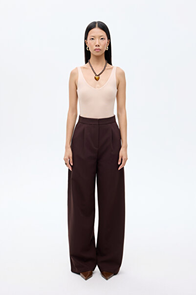 Quzu Bol Paça Kumaş Pantolon Koyu Kahve