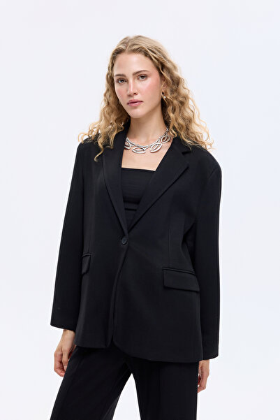 Quzu Tek Düğmeli Yumuşak Dokulu Oversize Blazer Ceket Siyah