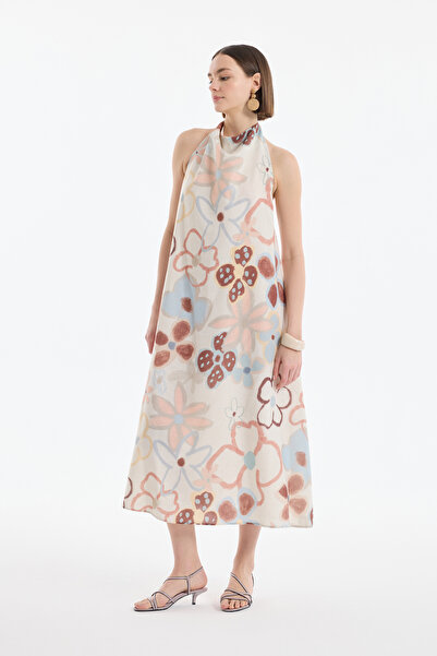Quzu Довга сукня з відкритою спиною, з візерунком, з льону, що зав'язується на шиї, натурального кольору