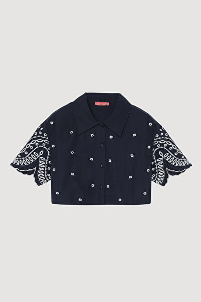Quzu Μίνι Λουλούδι Κεντημένο Πουκάμισο με Κέντημα Μπλε Navy Blue