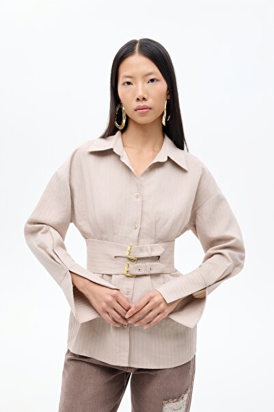 Quzu Fabric Belted Shirt with Buckle Accessory Beige