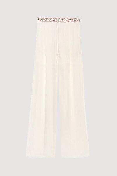 Quzu بنطلون واسع الساق مطرز برباط الخصر إكرو