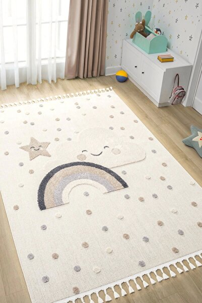 Eliz Home Yumuşak Bukleli Gökkuşağı Ponpon Figürlü Dokuma Halı Bebek Odası Çocuk Odası Genç Odası Halısı 20