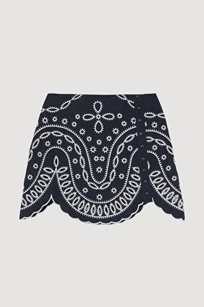 Quzu Mini fustă cu detaliu de nasturi brodate cu flori bleumarin