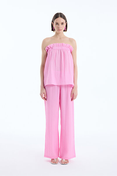 Quzu Gofre Kumaş Geniş Paça Pantolon Pembe