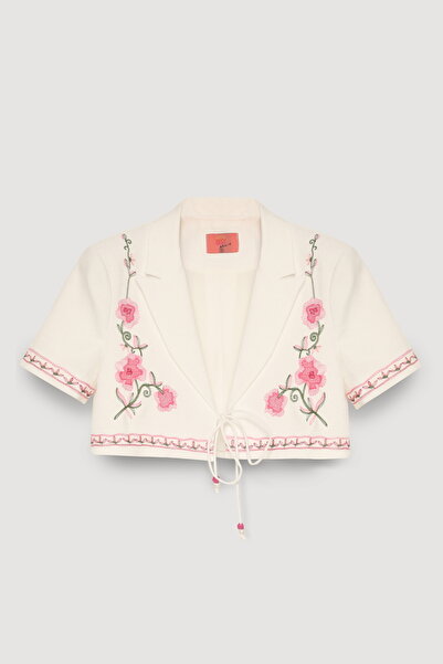 Quzu Embroidery Floral Patterned Short Jacket Ecru