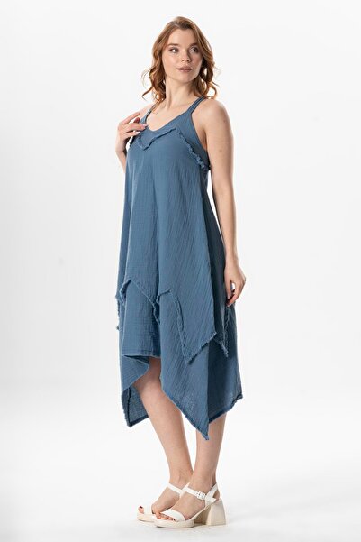 Eliş Şile Bezi Strappy V-Neck Leyla Asymmetrical Cut Midi Length Muslin Summer Dress Indigo Indg