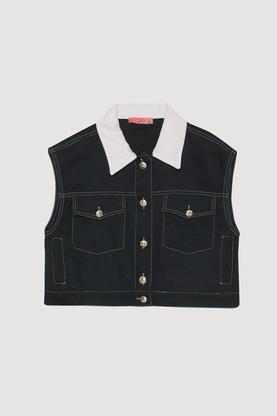 Quzu Yaka Detaylı Düğmeli Crop Gömlek Lacivert