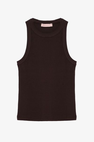 Quzu Halter Neck Basic Ribbed Undershirt Dark Brown
