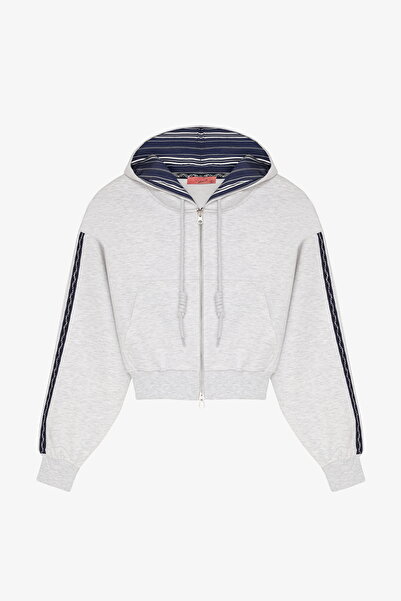 Quzu Kapüşon Garnili Fermuarlı Sweatshirt Karmelanj