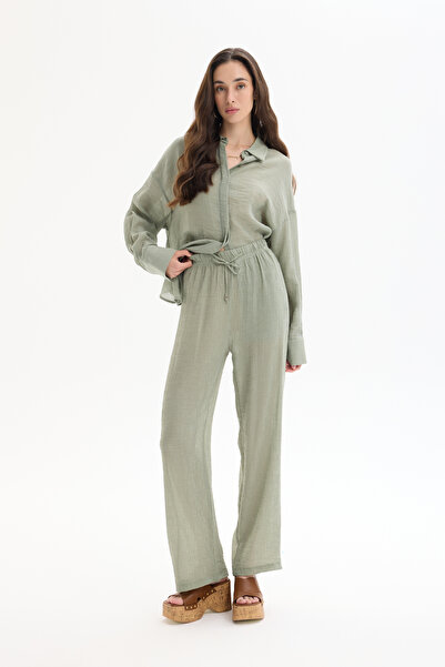 Quzu بنطلون مرن الخصر مزخرف باللون الكاكي