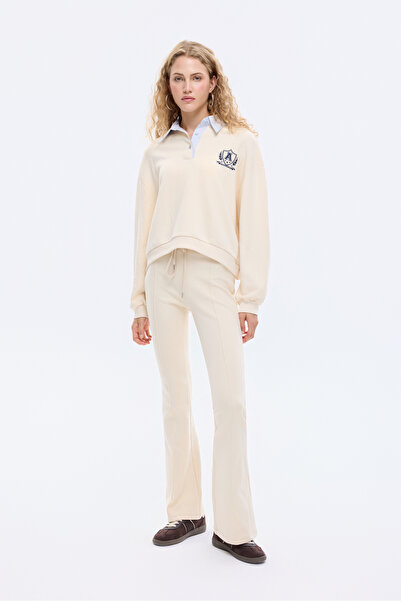 Quzu Striped Shirt Collar Detailed Crest Embroidered Oversize Sweatshirt Beige