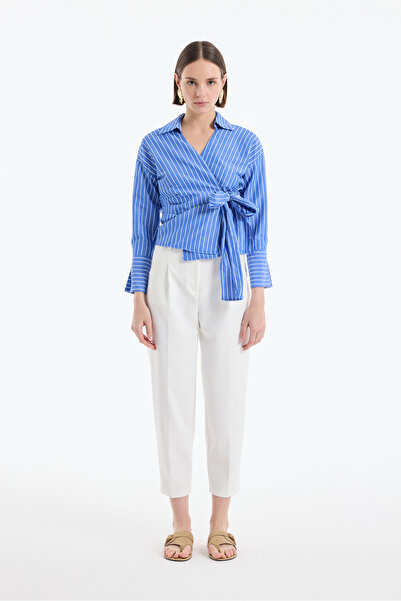 Quzu Kruvaze Bağlamalı Çizgili Bluz Koyu Mavi