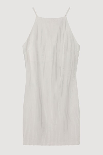 Quzu Мини рокля с текстурирана яка и деколте в екрю цвят