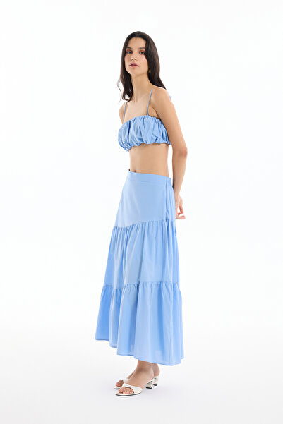 Quzu Volanlı Katlı Midi Etek Mavi