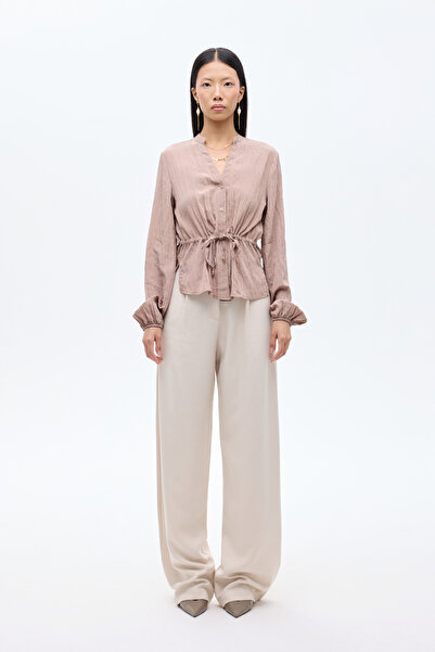 Quzu Wrinkled Textured Waist Lace-Up Buttoned Shirt Light Brown