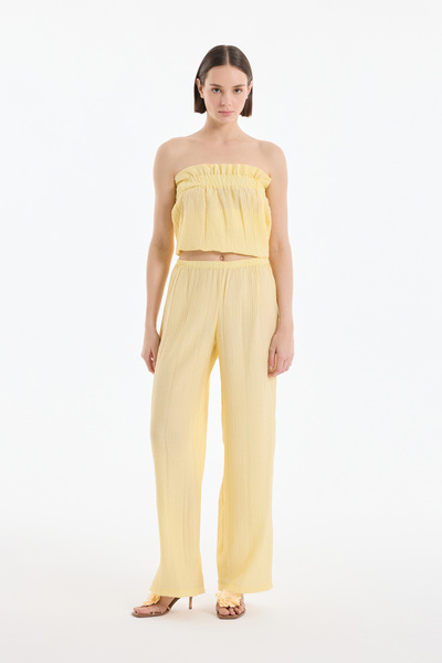 Quzu Gofre Kumaş Geniş Paça Pantolon Sarı