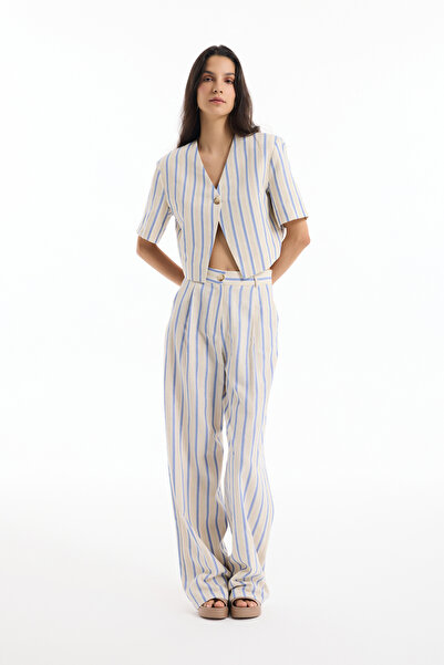 Quzu Single Button Striped Short Sleeve Jacket Ecru