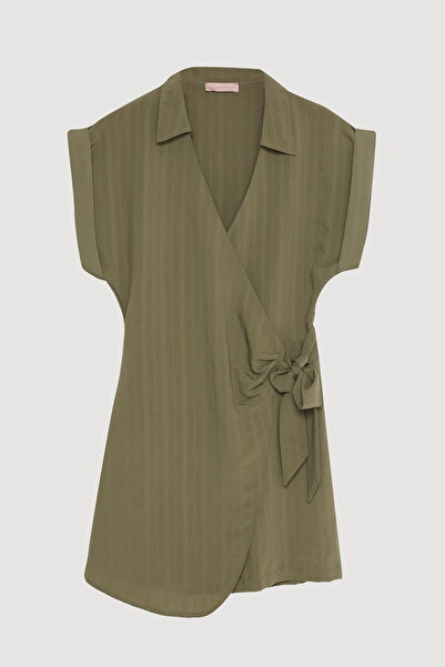 Quzu Double Breasted Collar Tie Waist Shorts Jumpsuit Khaki