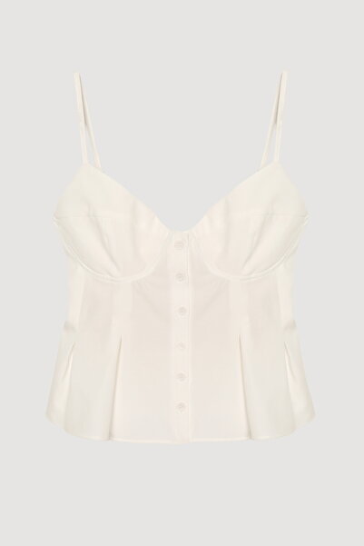 Quzu Buttoned Thin Strap Blouse with Pile Detail Ecru