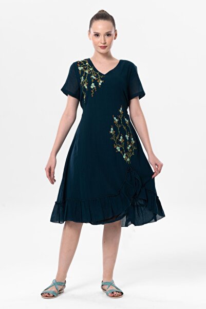 Eliş Şile Bezi فستان صيفي أصلي بأكمام قصيرة من الفوال Candan بطول متوسط وفرع ...