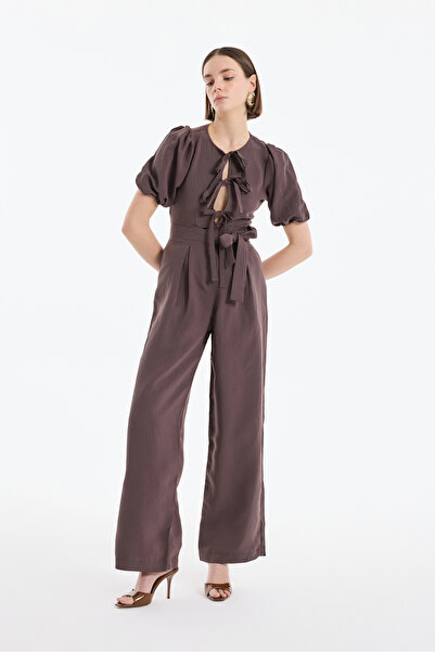 Quzu Bow Tie Balloon Sleeve Blouse Brown