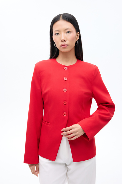 Quzu Round Neck Buttoned Blazer Jacket Red