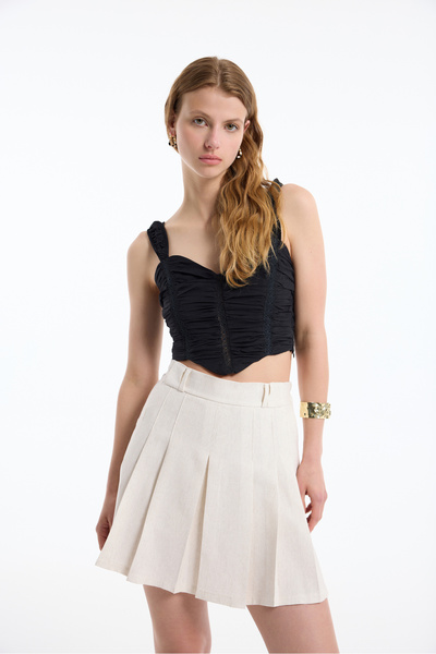 Quzu Kemer Köprülü Keten Pileli Mini Etek Naturel