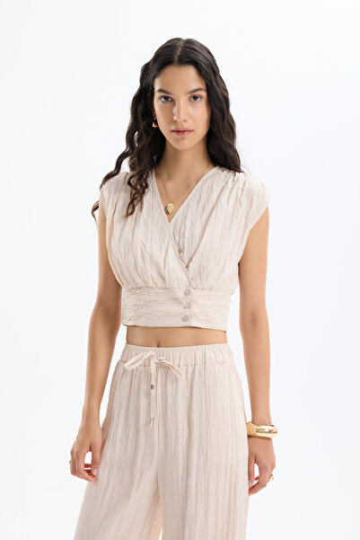 Quzu Αμάνικη μπλούζα με κουμπιά με τσαλακωμένη εμφάνιση μπεζ