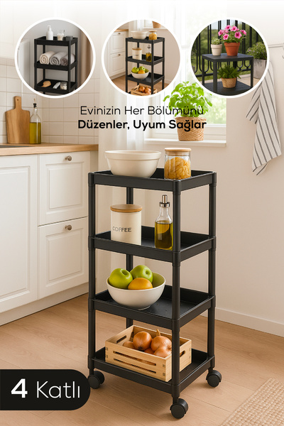Vienev 4 Katlı Tekerlekli Çok Amaçlı Mutfak ve Banyo Rafı Siyah