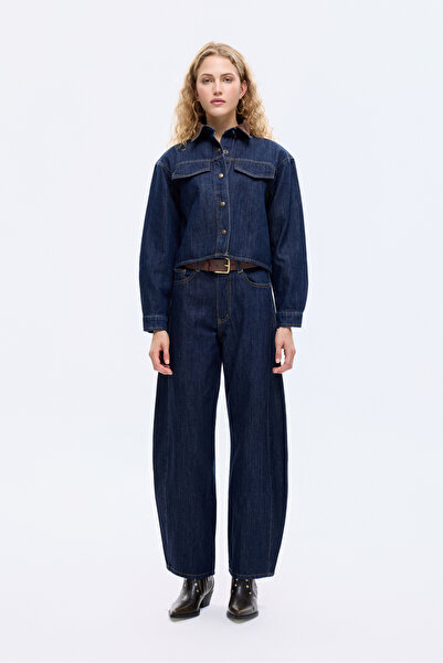 Quzu Jachetă de blugi cu detaliu guler din velur bleumarin