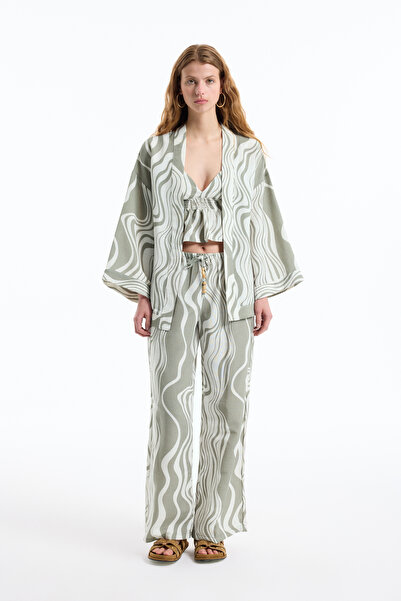 Quzu Wave Patterned Tied Linen Kimono Khaki