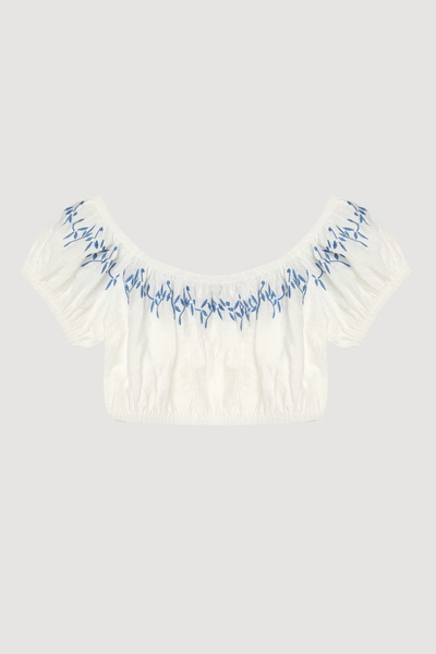 Quzu Embroidery Detailed Balloon Sleeve Crop Blouse Ecru