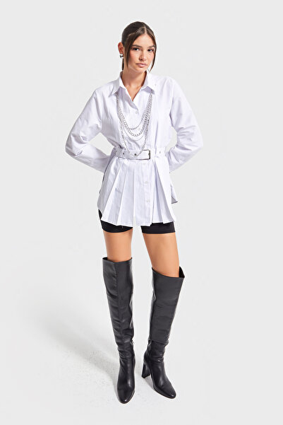 its basic Women's White Color Belt Detailed Necklace Accessory Special Design Long Size Oversize Shirt