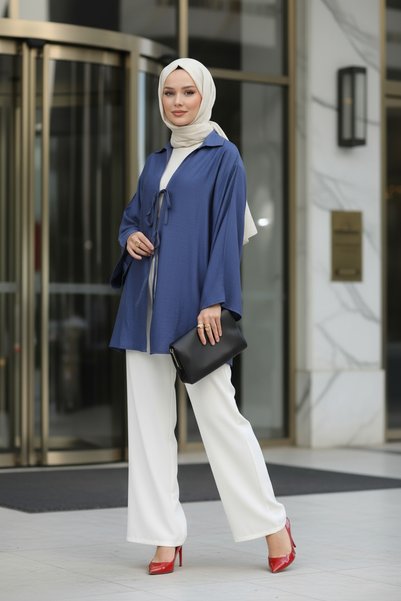 Zeneva Collection Indigo Blue - Natural Viscose Fabric Pocketed Lace-Up Women's Hijab Kimono 1167-Tes