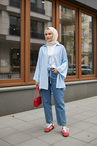 Zeneva Collection Albastru - Kimono musulman pentru femei, din țesătură natur...