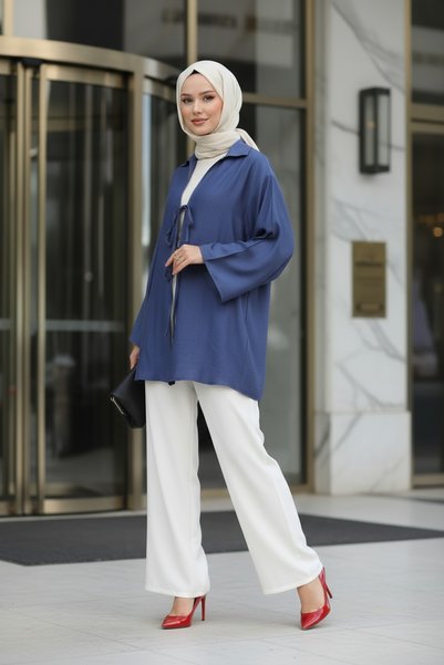 Zeneva Collection Indigo Blue - Natural Viscose Fabric Pocketed Lace-Up Women's Hijab Kimono 1167-Tes