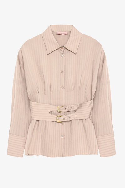 Quzu Fabric Belted Shirt with Buckle Accessory Beige