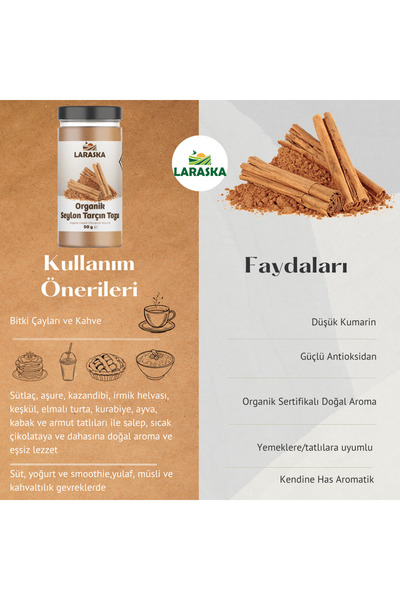 Laraska Organik Organik Seylan - Seylon Tarçın Toz 50g - Organic Ceylon Cinnamon Powder 50g- Organically Certified