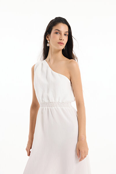 Quzu Рокля с миди рокля с едно рамо и еластична талия, екрю