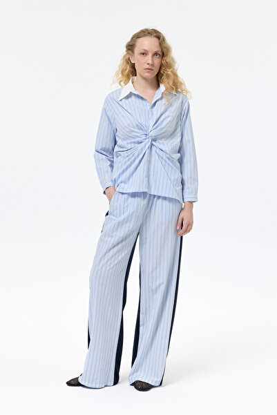 Quzu Çizgili Kruvaze Bağlamalı Gömlek Mavi