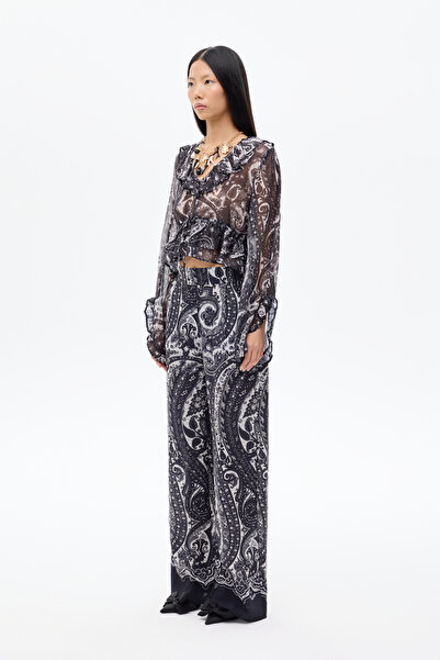Quzu Штани з етнічним візерунком, високою талією та широкими штанинами, чорні