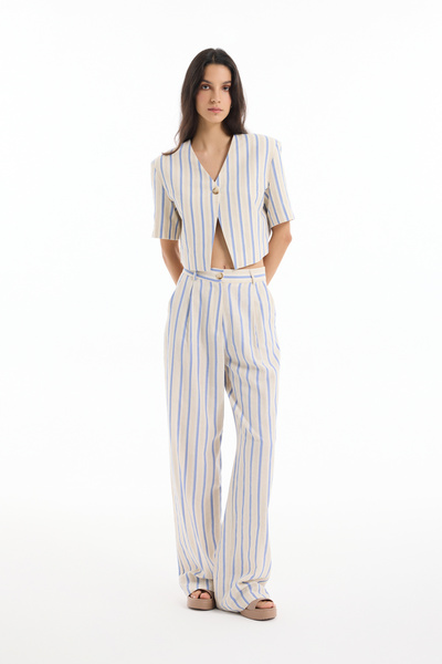 Quzu Kalın Çizgili Düz Kesim Pantolon Ekru