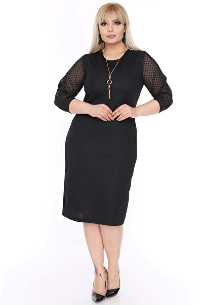 modayız Plus Size Dress with Dotted Sleeves 16D-0471