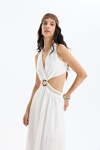 Quzu Toka Aksesuarlı Cut Out Midi Boy Elbise Ekru